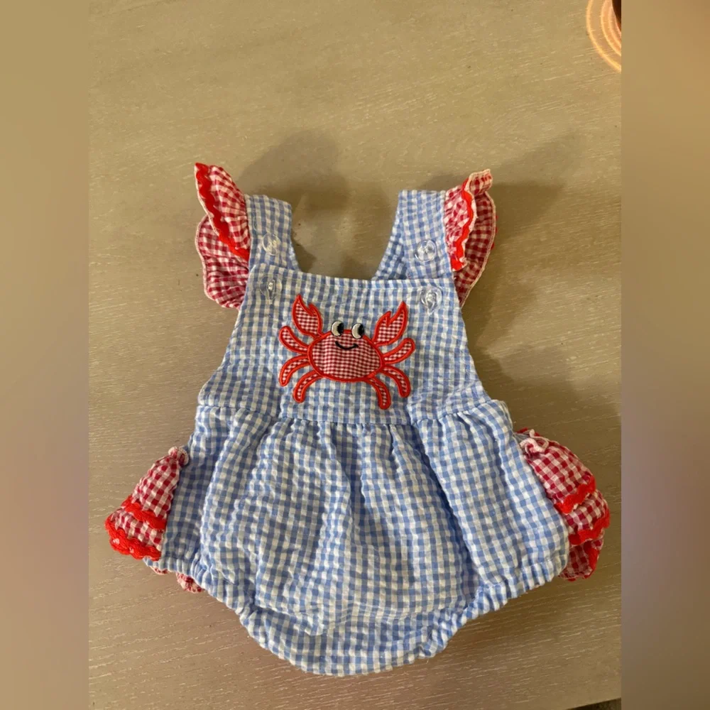 Posh Blue and White Gingham Romper with Red Trim